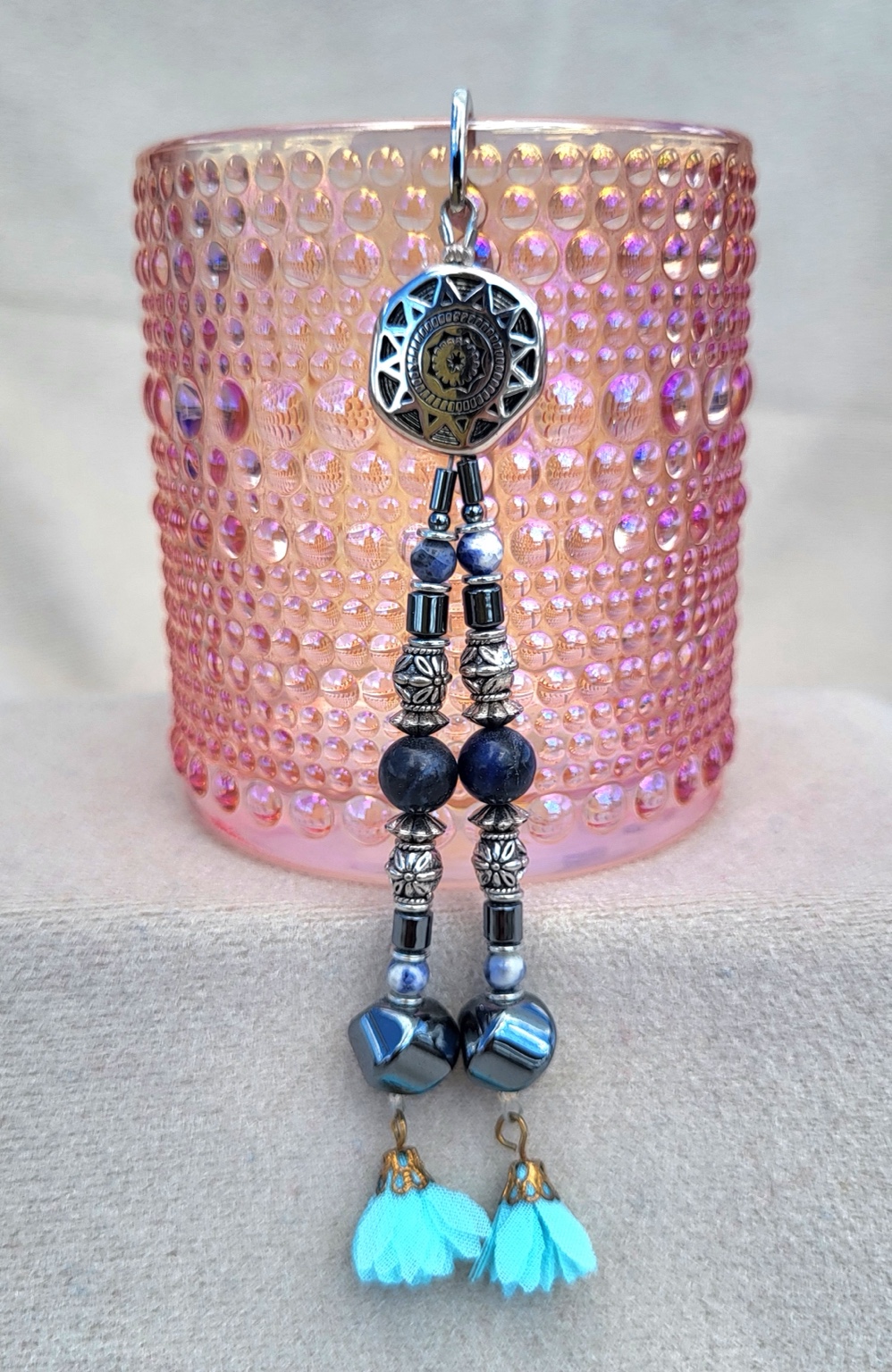 Long silver concho earrings with lapis, hematite and turquoise fabric tassels