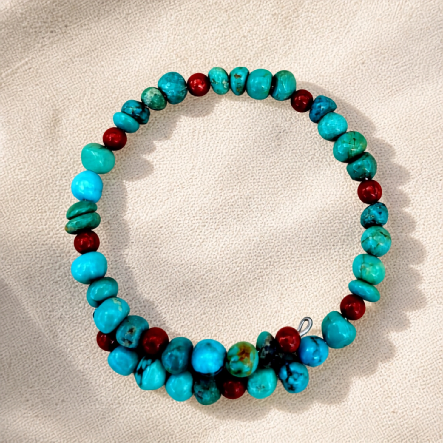 Turquoise and Red Coral Beaded Bracelet view 2